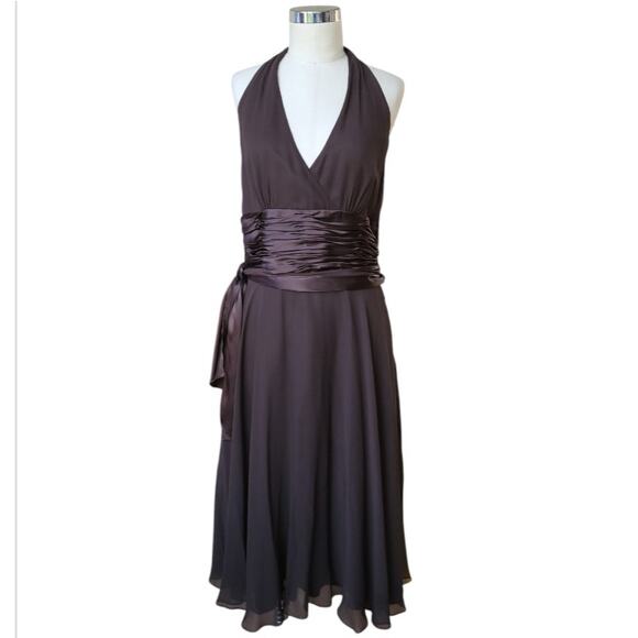 NWT Maggie London 100% Silk Chiffon Halter Midi Dress Size 14 Brown Whimsigoth - Picture 1 of 15